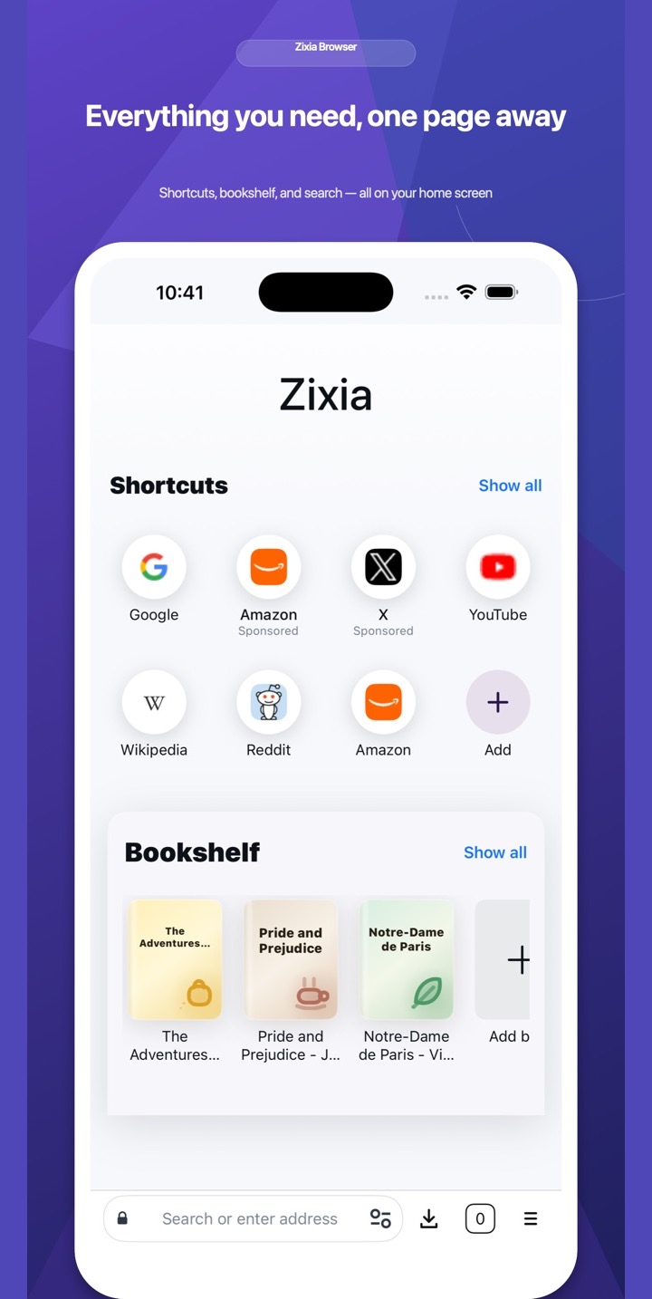 Zixia Browser home screen